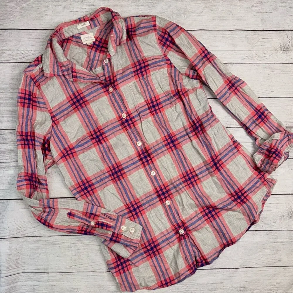 J. Crew Women's Boy Fit Pink Plaid Button Up Shirt 100% Cotton Size Small